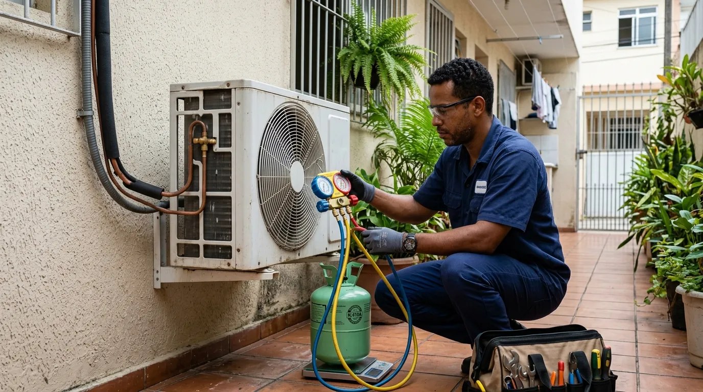 Técnico fazendo carga de gás na condensadora do ar-condicionado em Bauru‑SP