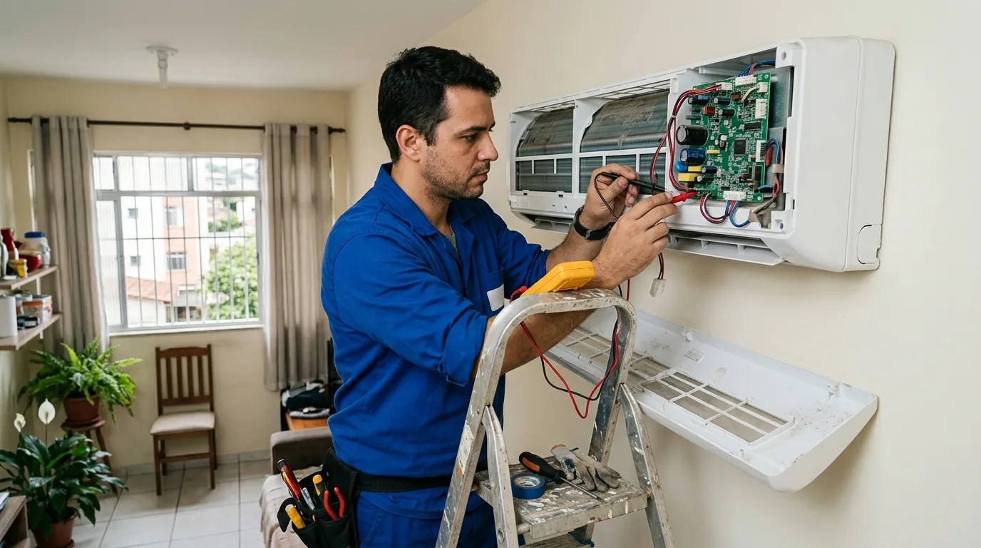 Técnico trocando a placa eletrônica de ar-condicionado split em Bauru‑SP