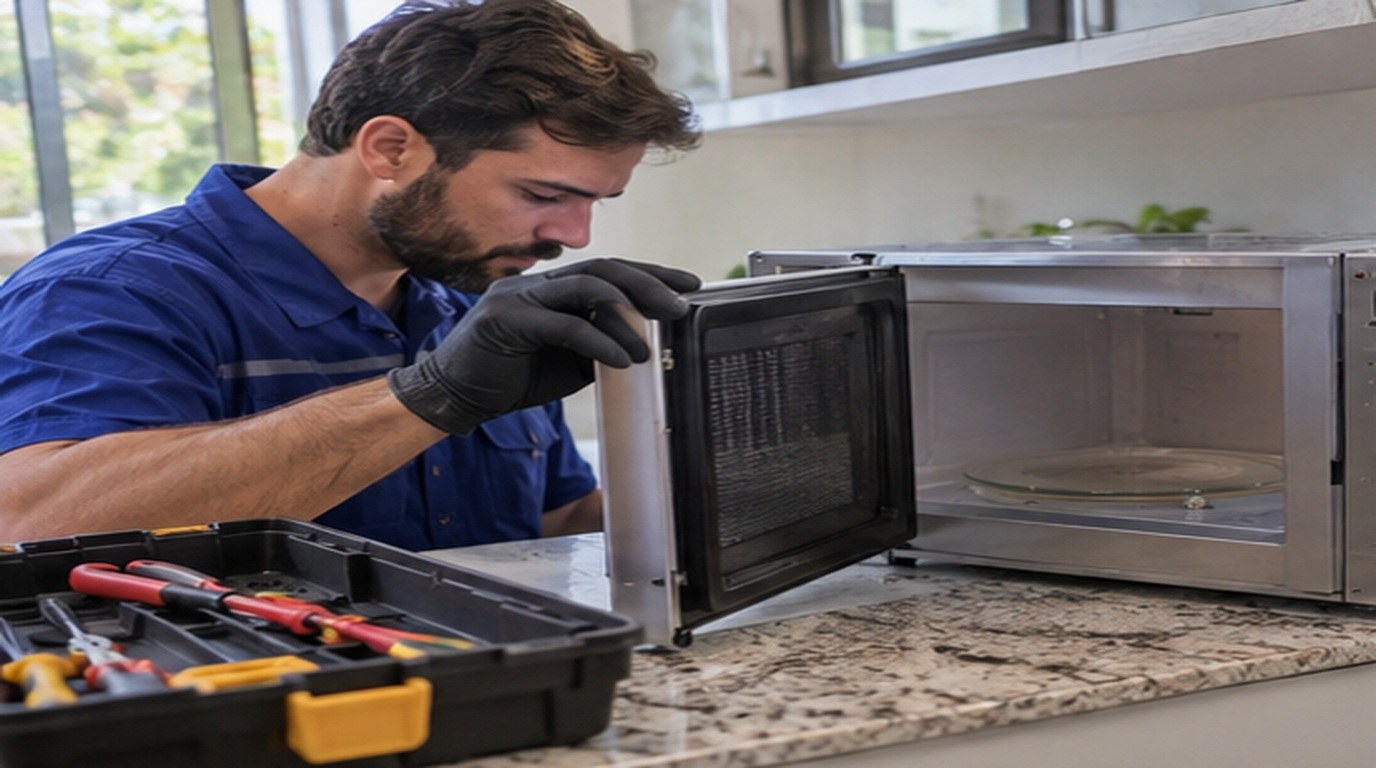 Conserto de micro-ondas em Bauru‑SP: técnico abrindo um micro-ondas de bancada