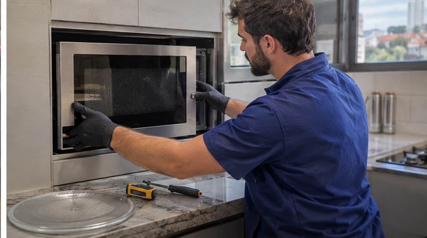Conserto de micro-ondas de embutir em Bauru‑SP: técnico encaixando o aparelho no armário