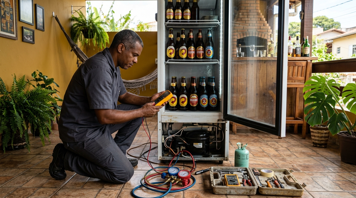 Placa eletrônica de cervejeira em reparo na bancada na Vila Nova, Bauru‑SP