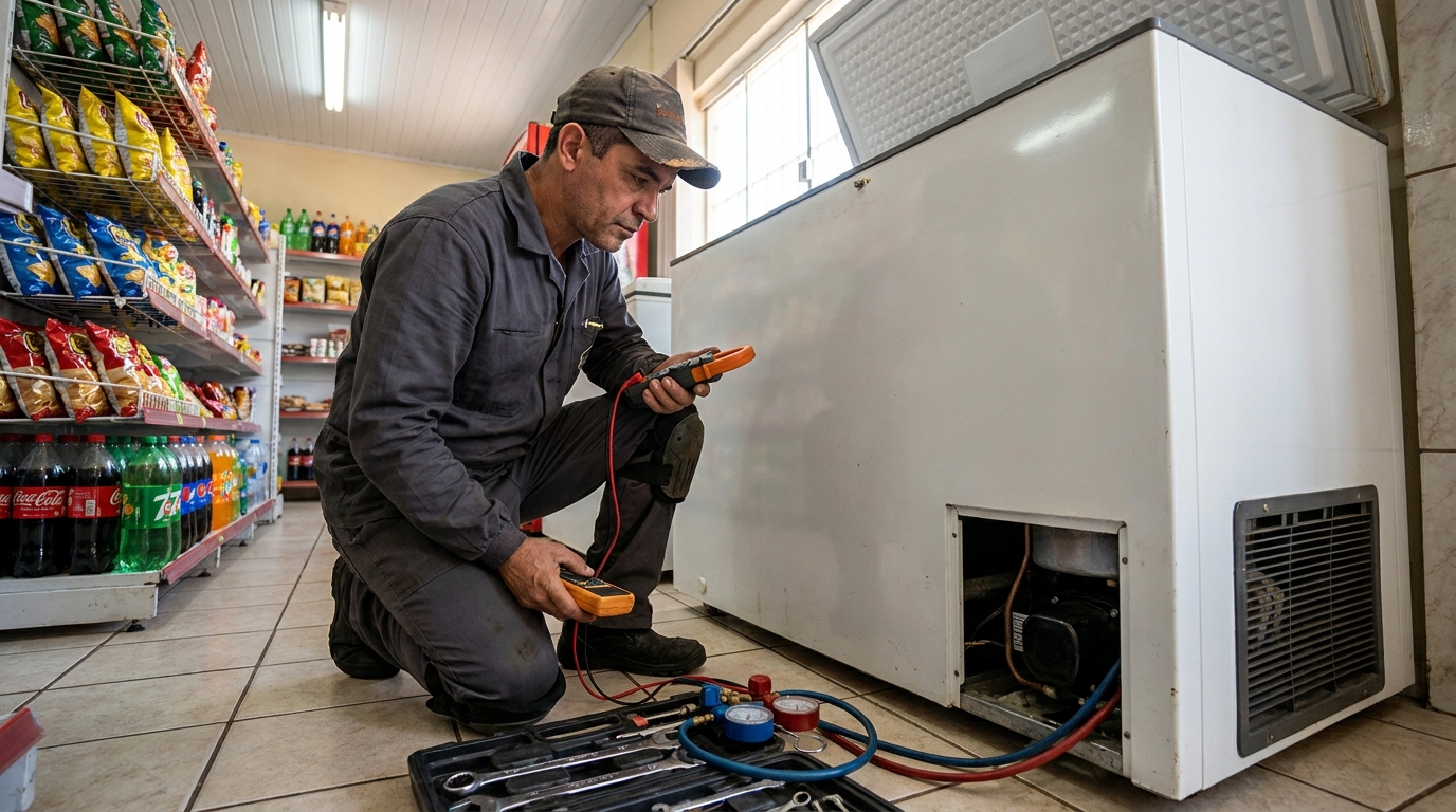 Reparo da placa eletrônica de um freezer em atendimento nas Chácaras Urupês, Bauru‑SP