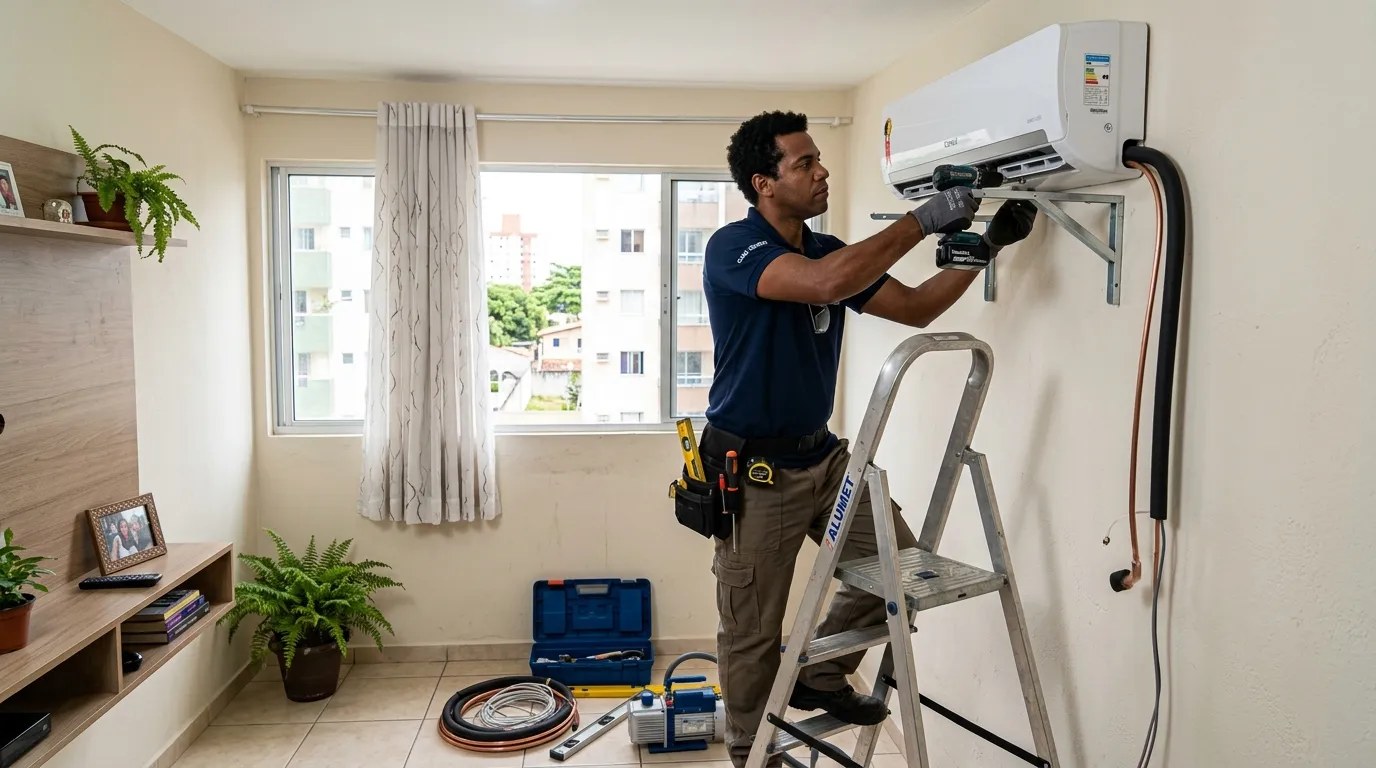Técnico instalando ar-condicionado split em residência em Bauru‑SP