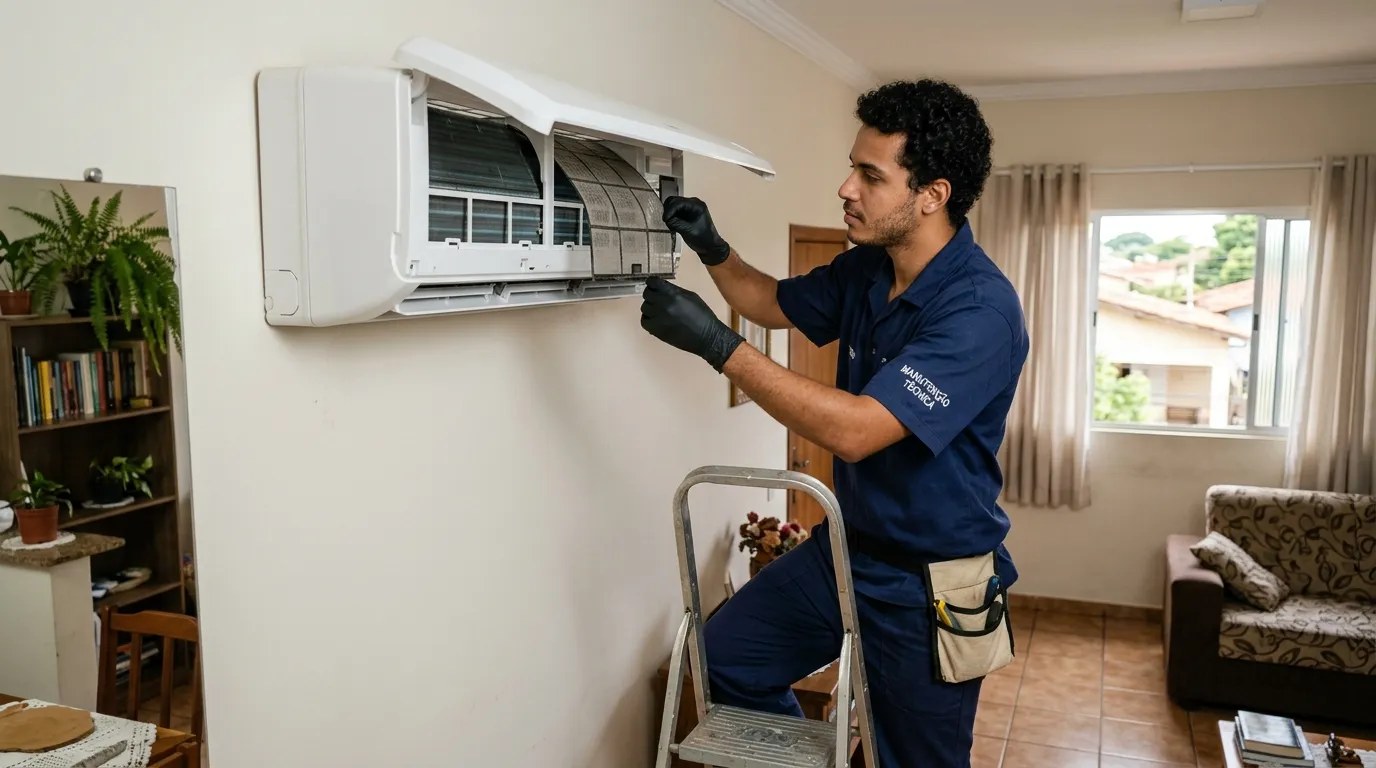 Técnico fazendo limpeza e higienização de ar-condicionado split em Bauru‑SP