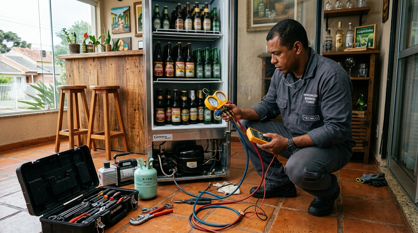 Técnico revisando o motor de uma cervejeira durante chamado na Vila Nova, Bauru‑SP