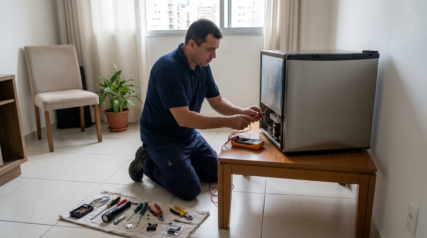 Técnico revisando o motor de um frigobar na Vila Mariana, Bauru‑SP