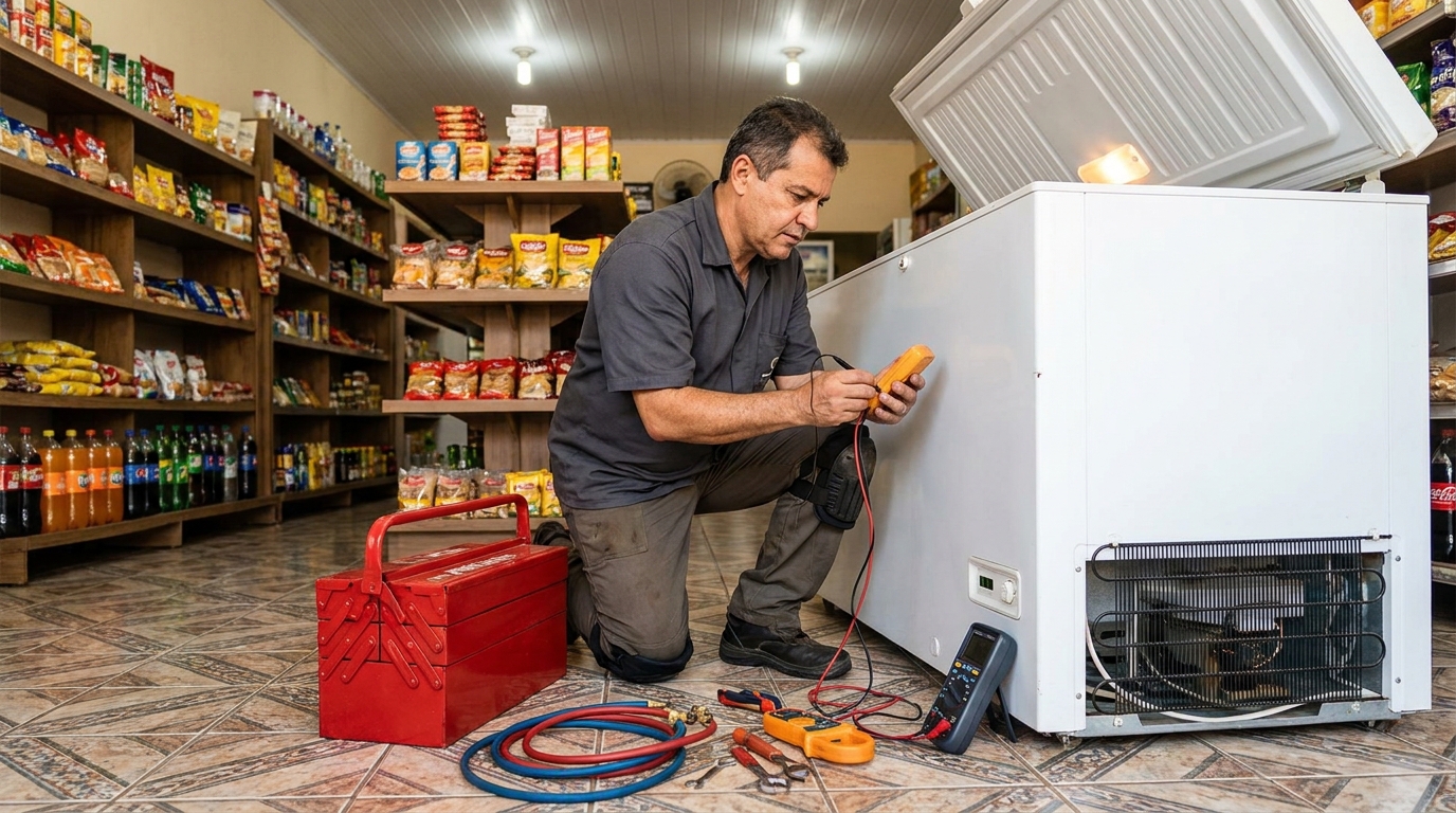 Manômetro conectado ao circuito durante recarga de gás de freezer nas Chácaras Urupês, Bauru‑SP