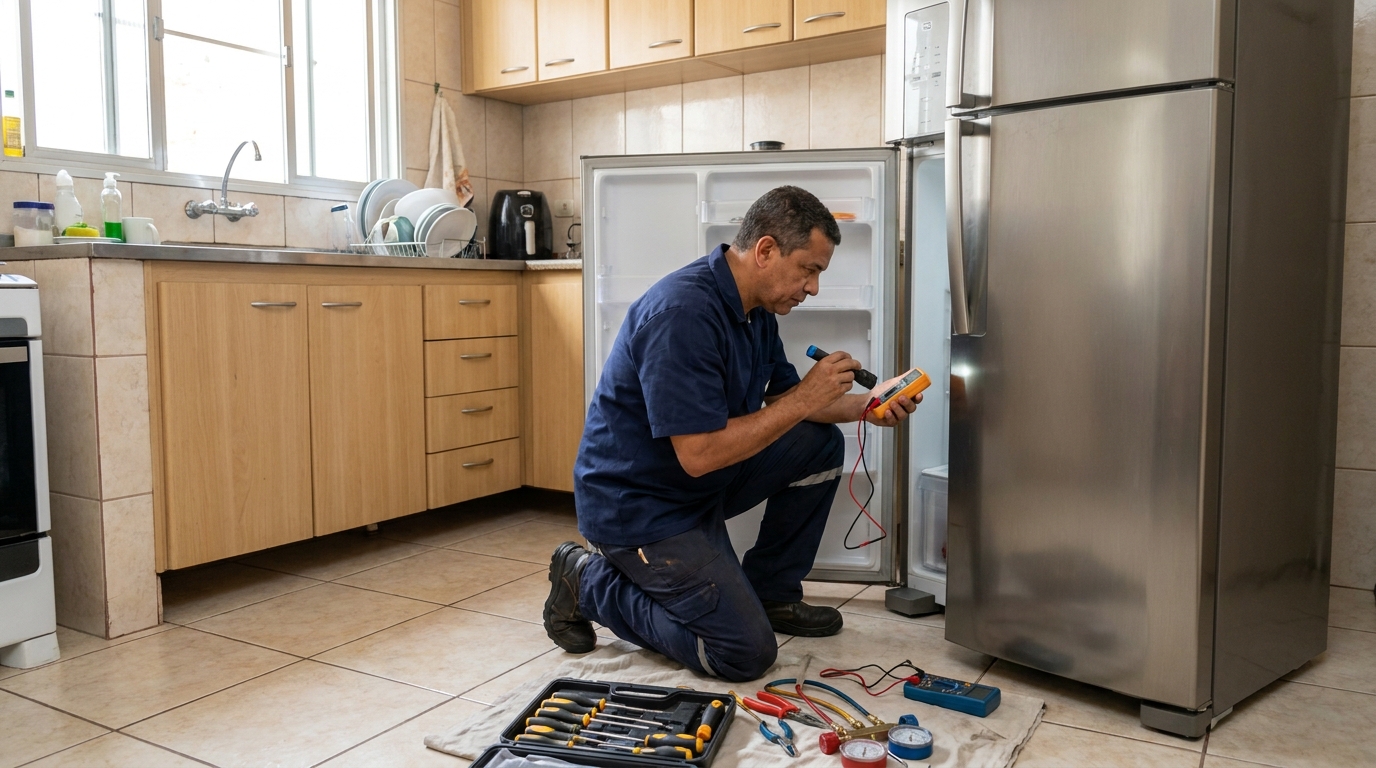 Técnico fazendo recarga de gás em geladeira de cliente nas Chácaras Cornélia, Bauru‑SP
