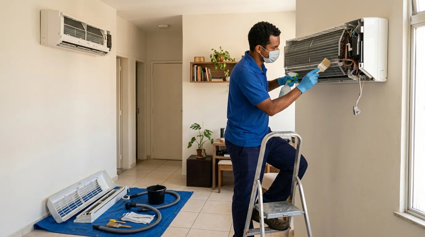 Técnico fazendo manutenção de ar-condicionado split em Bauru‑SP
