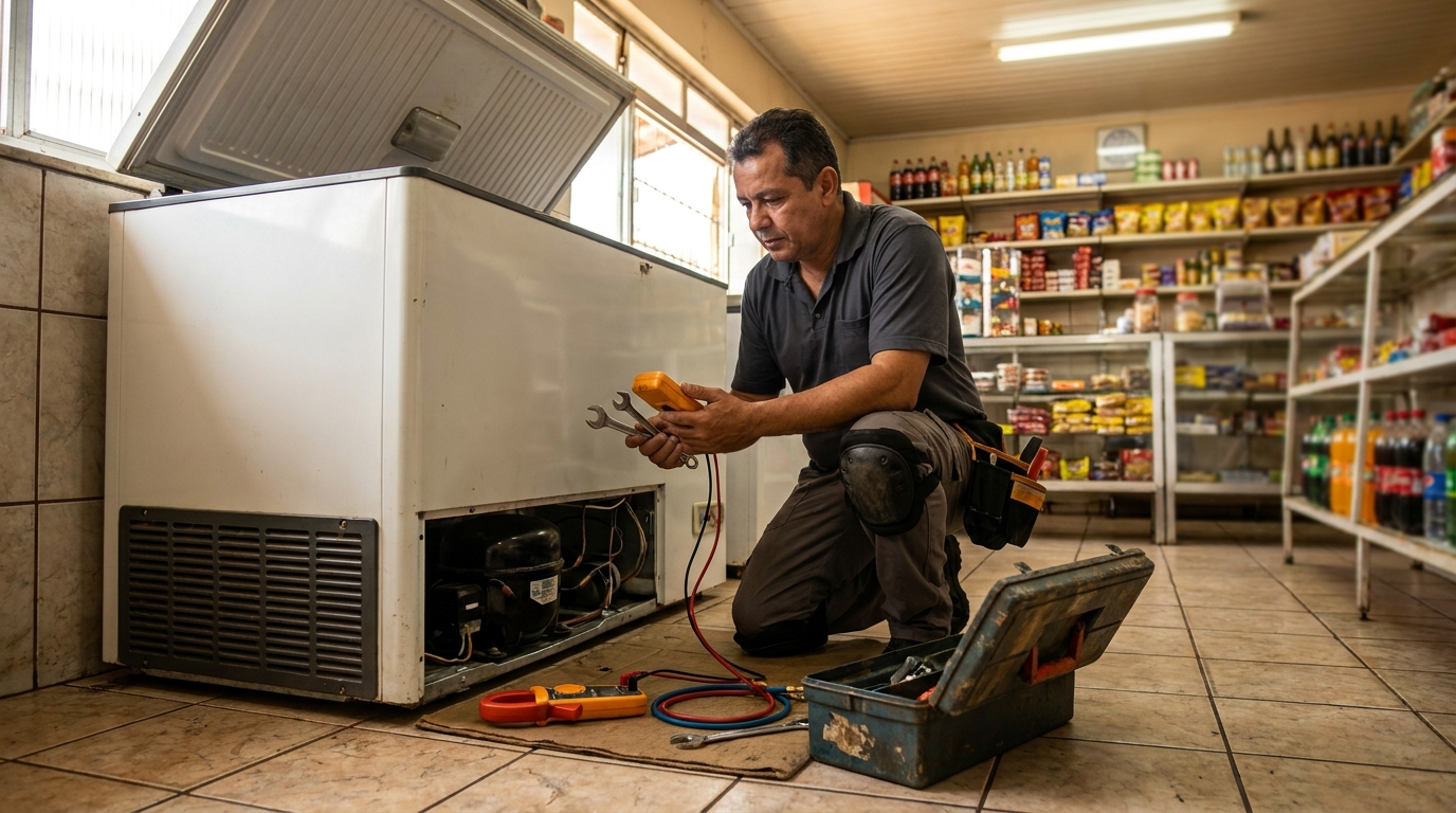 Técnico avaliando um freezer vertical durante atendimento nas Chácaras Urupês, Bauru‑SP