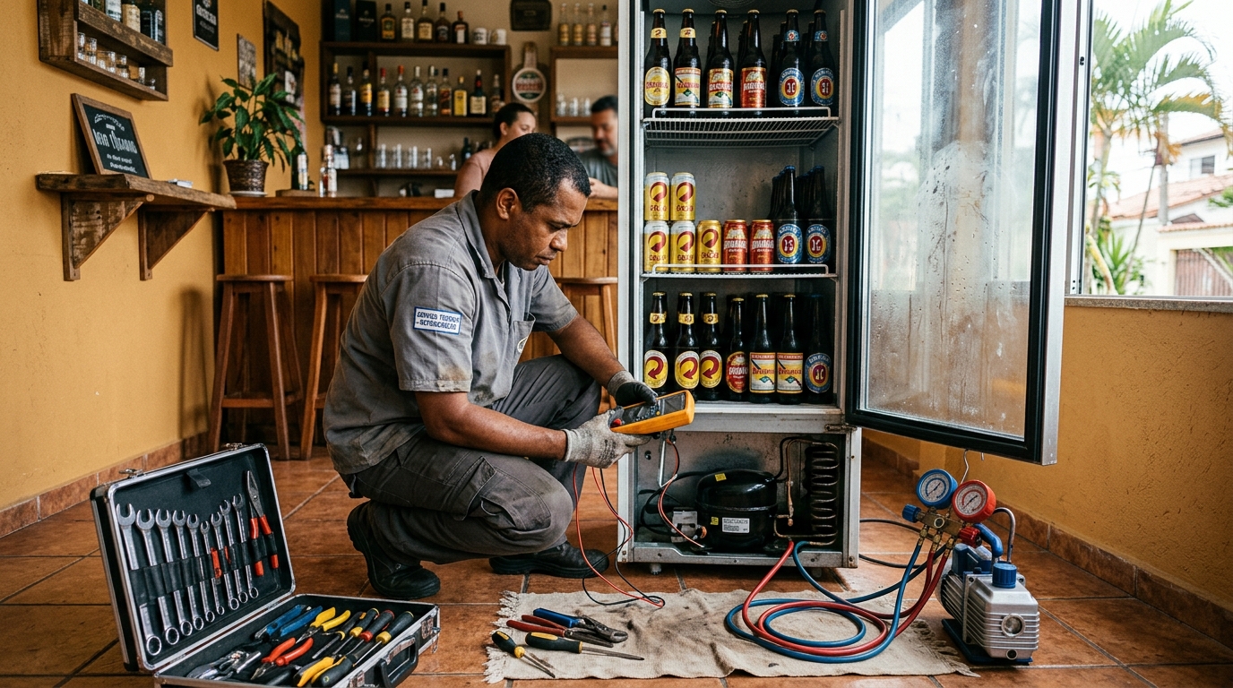 Substituição do termostato de uma cervejeira na Vila Nova, Bauru‑SP